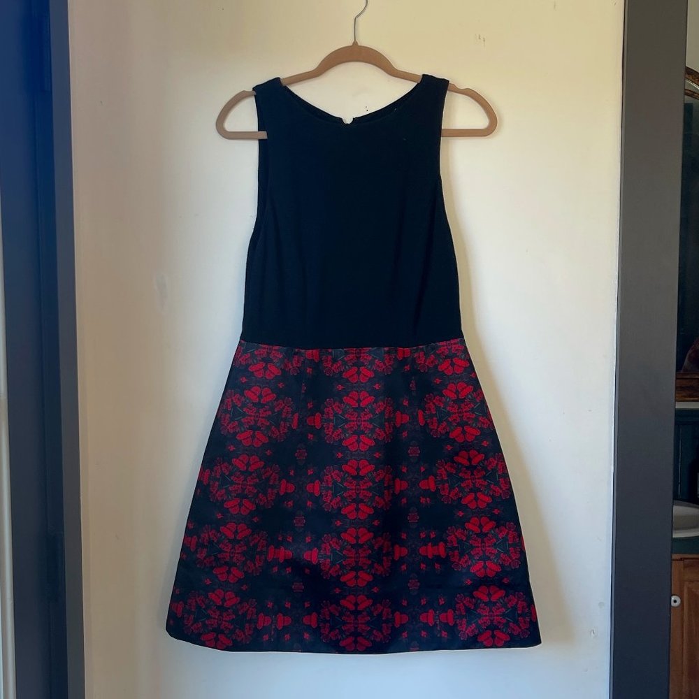 Alice + Olivia Black Sleeveless Mini Dress with Red Patterned Skirt